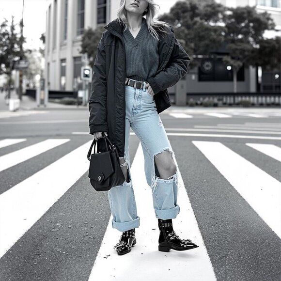 🆕Women Black Ankle Wide Buckle Boots Pointed Low Heel Boot Pull Fashion Boots - Picture 4 of 7